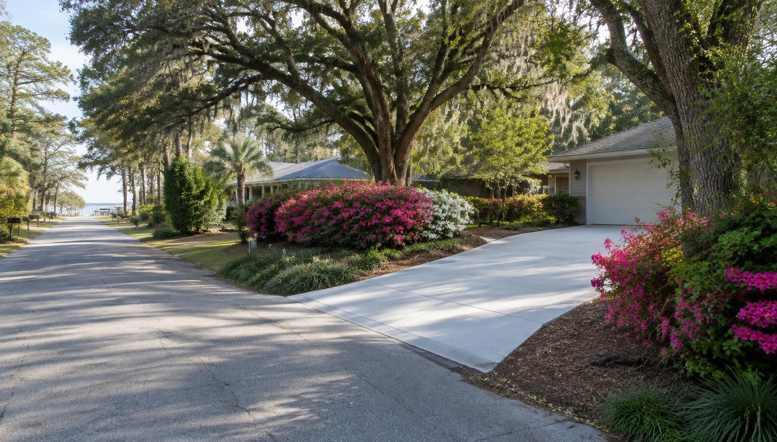 New concrete driveway framed by azaleas on a quiet oak-lined street in Shalimar, Florida