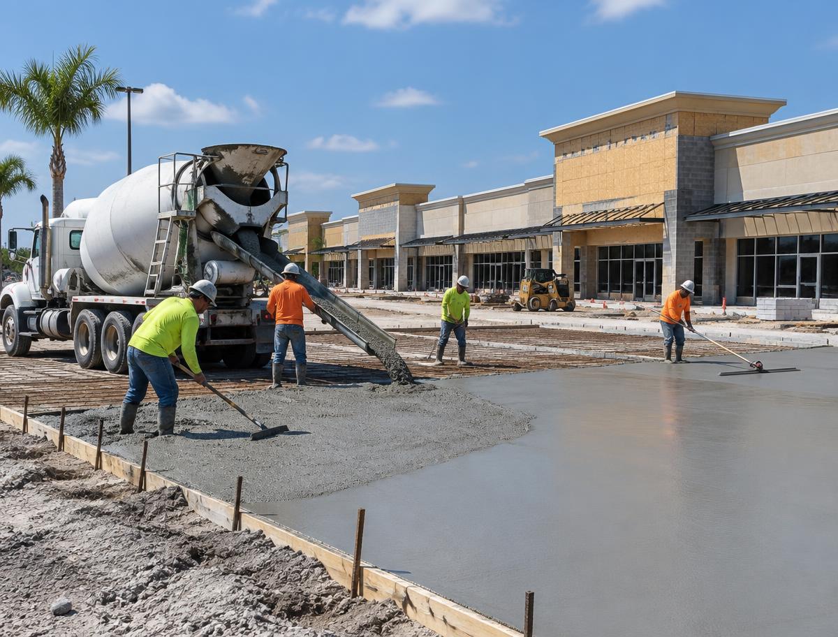 Commercial concrete parking lot pour with concrete truck and crew at a Fort Walton Beach, Florida retail center
