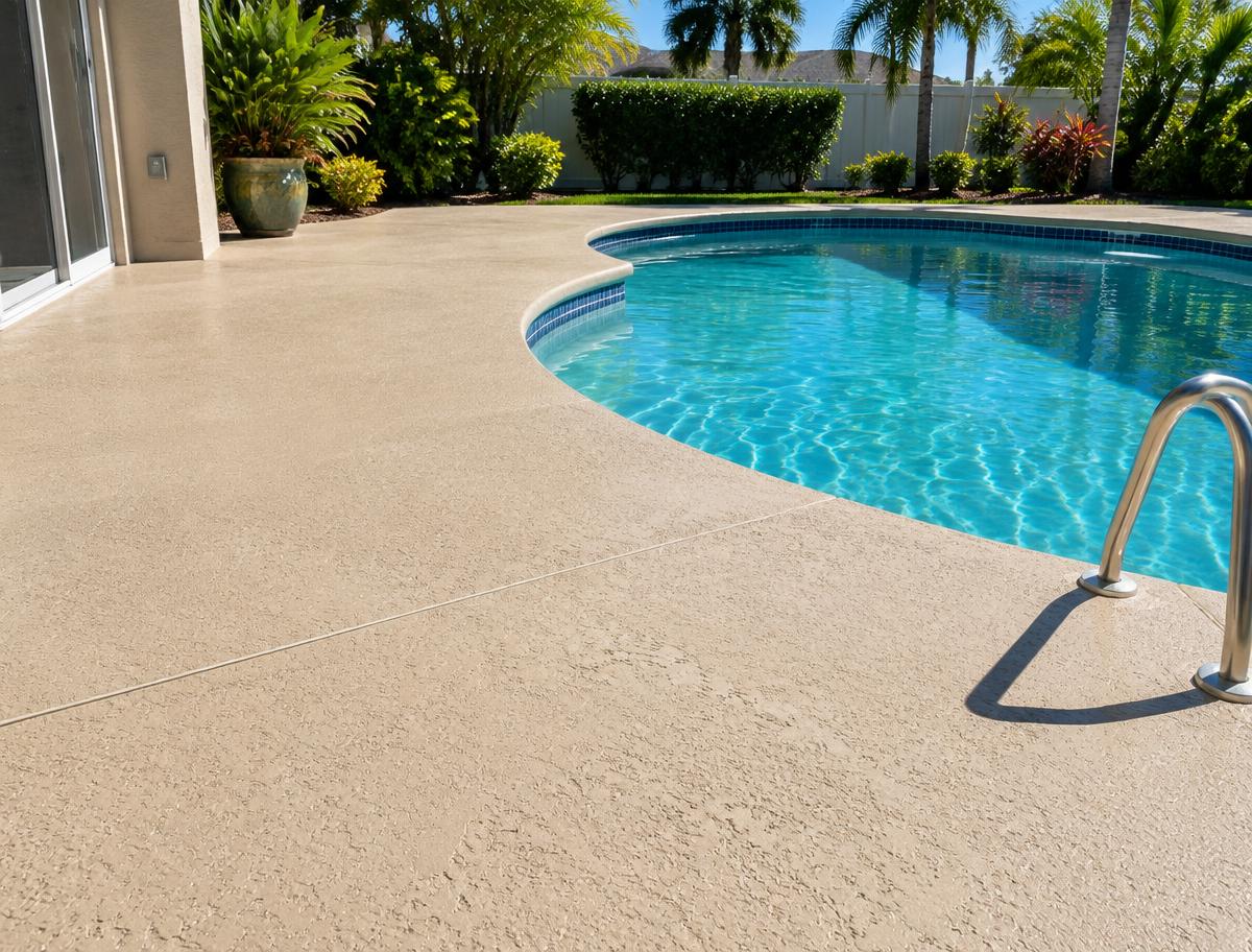 Resurfaced concrete pool deck with knockdown texture finish in Mary Esther, Florida