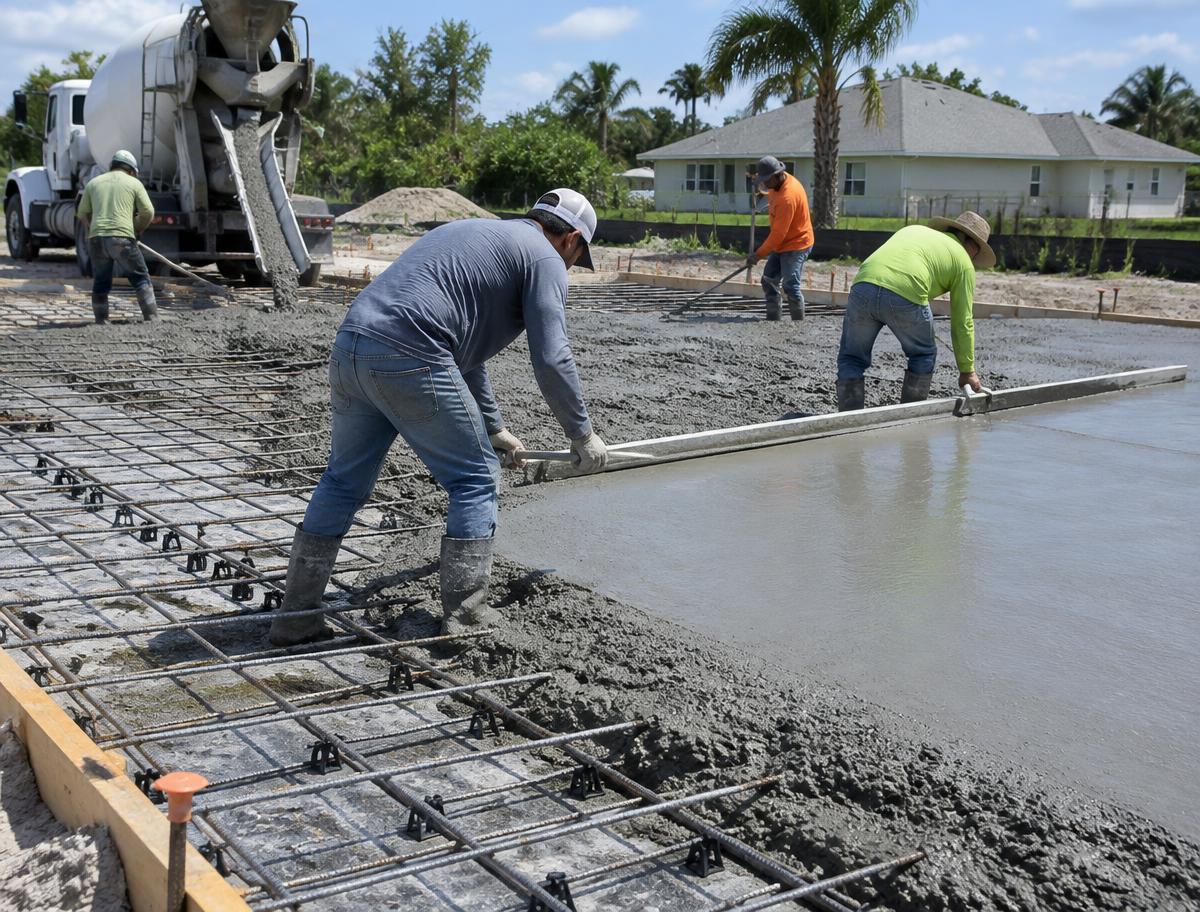 Concrete crew screeding a reinforced monolithic slab foundation in Crestview, Florida