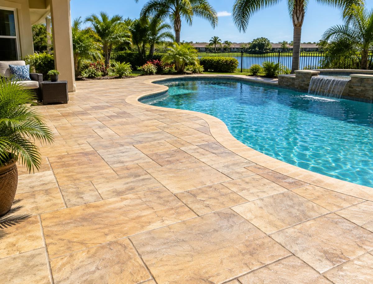 Stamped ashlar slate concrete pool deck in sand tones beside a pool in Niceville, Florida