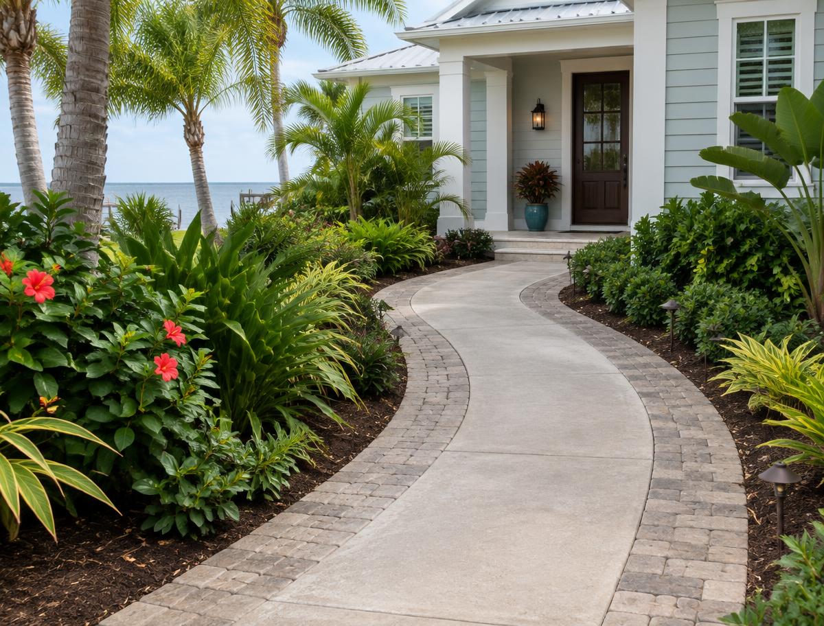 Curved concrete walkway with stamped border leading to a home entry in Shalimar, Florida