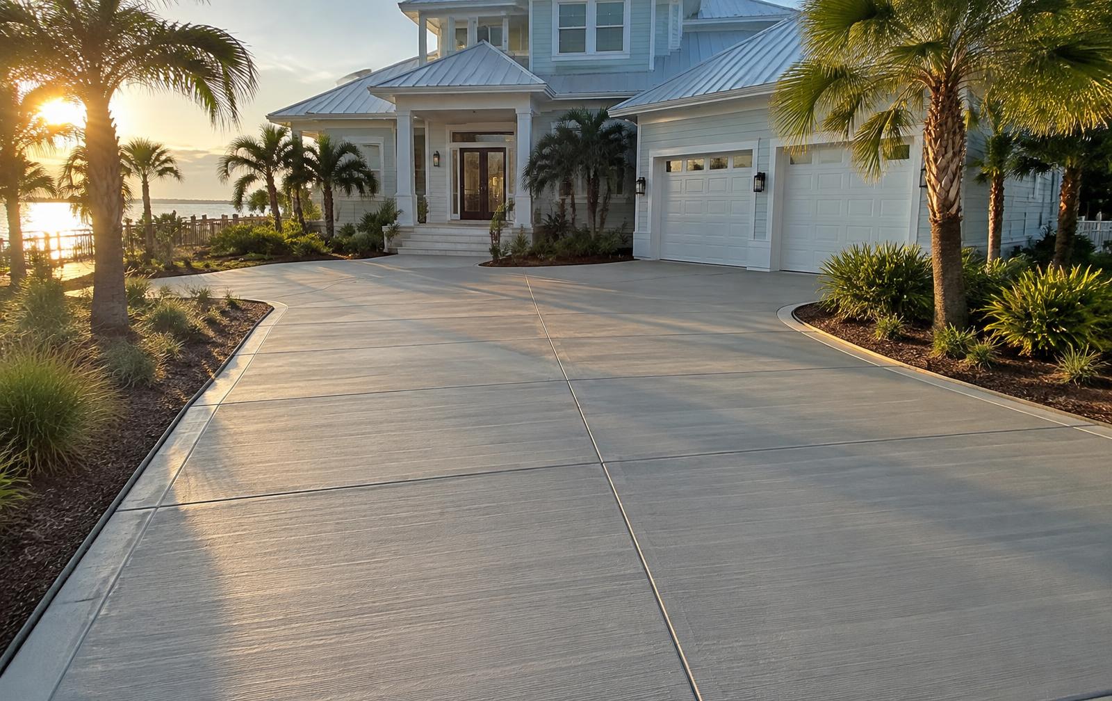 Broom-finished concrete driveway with tooled edges at a coastal home in Destin, Florida
